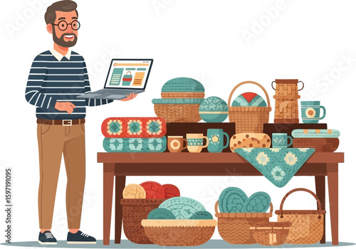 Selling handmade crafts online man with laptop showing baskets and pottery
