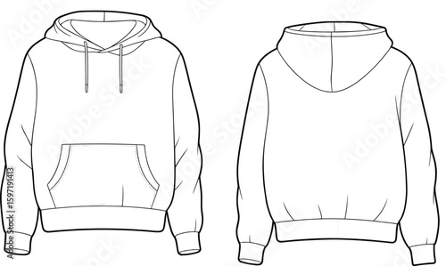 Hoodie technical flat sketch with front and back view, CAD drawing vector template for fashion design and garment illustration