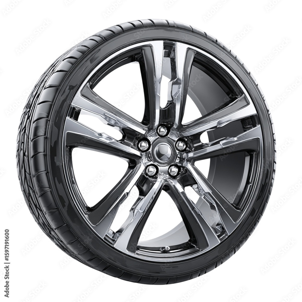 Obraz premium Shiny chrome alloy car wheel with tire isolated on transparent background