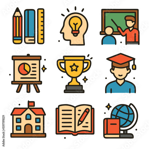 Flat Style Detailed Education and School Supplies Elements Icon Illustration