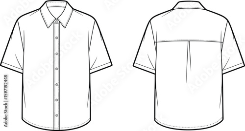 Short sleeve button up shirt flat sketch, CAD vector template, technical drawing, fashion design illustration for apparel industry