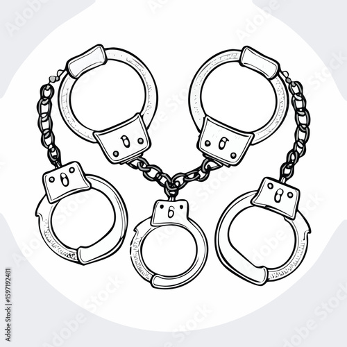 Five Black and White Line Art Handcuffs Connected by Chains metal security