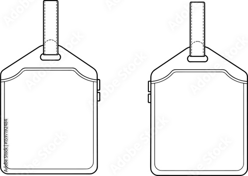 Luggage tag design with strap, rectangular body, rounded corners, ID pocket, technical sketch, front and back view, travel accessory template