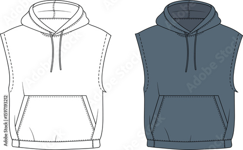 Sleeveless hoodie vest with kangaroo pocket, CAD vector flat sketch, technical fashion template, apparel design flat for sportswear