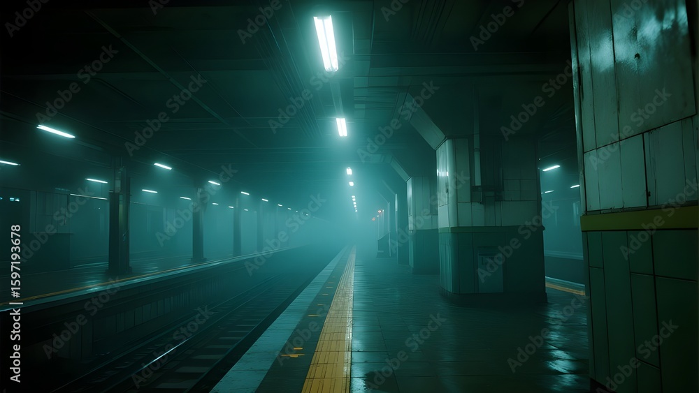 Fototapeta premium Misty Underground Train Station at Night