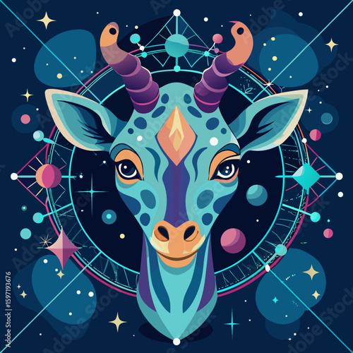 Stylized giraffe portrait with geometric elements and celestial accents, vibrant and artistic