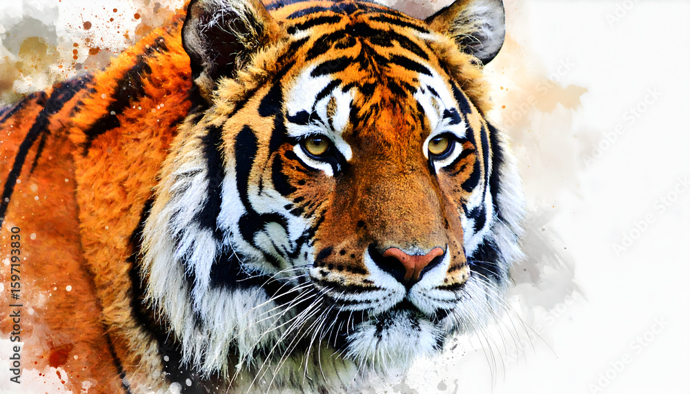 Naklejka premium Watercolor Tiger Portrait: Intense Gaze and Striking Orange and Black Stripes