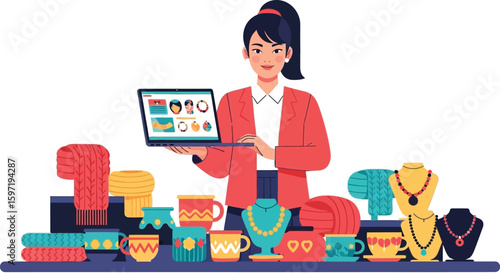 Online handmade crafts shop selling mugs scarves and jewelry illustration