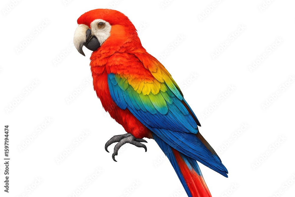 Fototapeta premium Scarlet macaw displaying vivid red, blue, yellow, green feathers while perching elegantly against clean white background