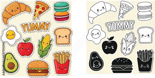 Cute food stickers vector illustration set of yummy cartoon food characters for kids and design assets
