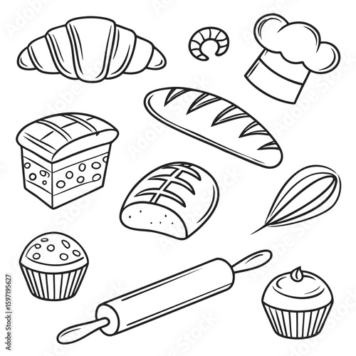 Collection of hand drawn bakery items and baking tools
