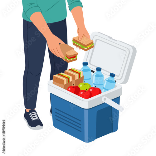 Person Packing a Cooler Full of Sandwiches, Apples, and Water