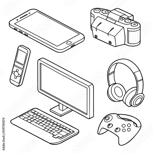 Isometric outline drawings of various electronic devices and gadgets