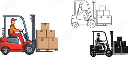 Forklift truck vector illustration, warehouse forklift, forklift operator, cargo and delivery service