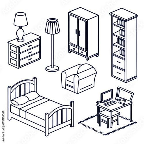 Collection of isometric furniture line art for interior design