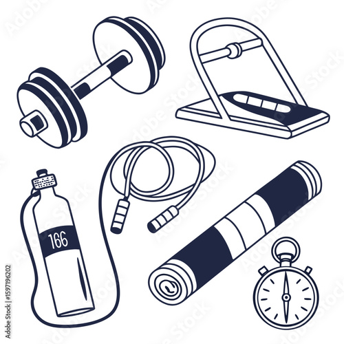 Collection of hand drawn fitness equipment and accessories