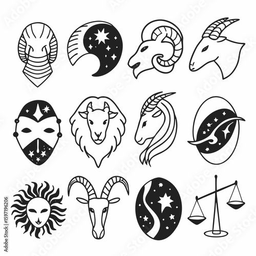 Collection of zodiac signs and celestial symbols in outline style