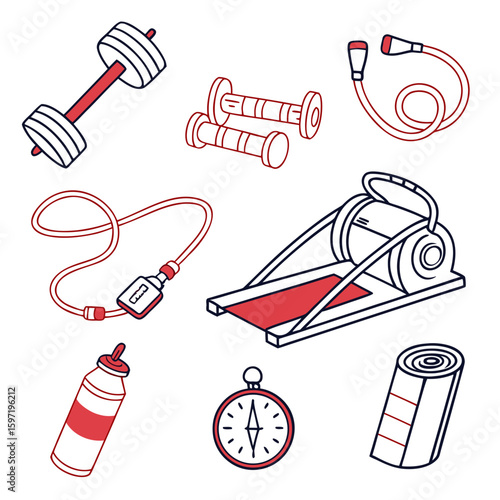 Collection of hand drawn fitness equipment icons for exercise