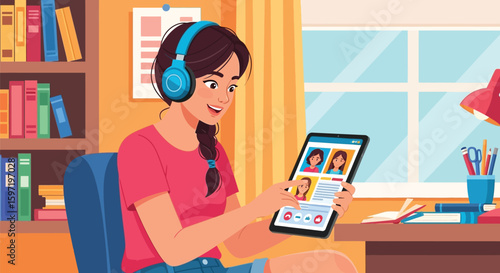 Woman video conferencing on tablet at her desk