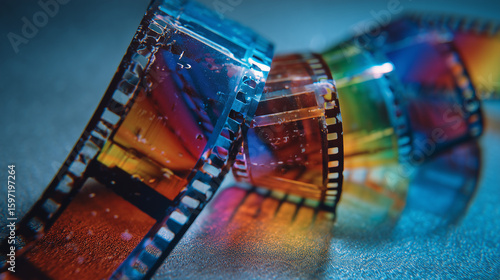 Conceptual image of digital film restoration with a vintage reel and futuristic colors