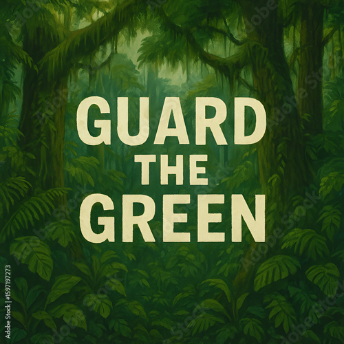 A dense and vibrant green forest scene with the words guard the green superimposed in the center