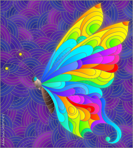 Illustration in the style of a stained glass window with a bright butterfly on a blue wavy background