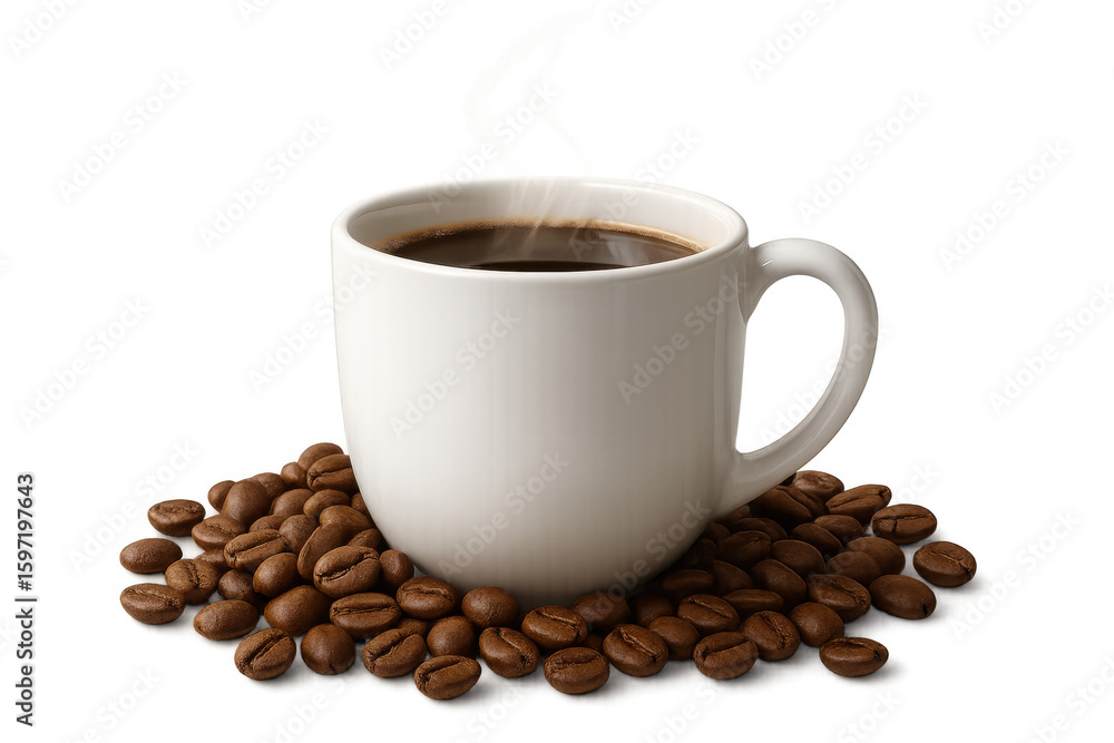 Fototapeta premium Steaming white coffee cup sits on a bed of roasted coffee beans, against a transparent background