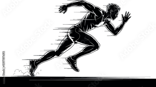 This striking image depicts a male sprinter in mid-stride, captured in a dynamic black silhouette against a stark white background. 