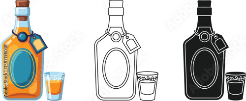 Vector illustration of tequila bottle with shot glass drawing outline and silhouette versions isolated