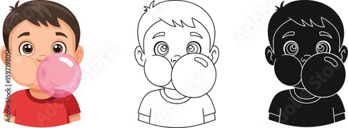 Boy blowing bubble gum cartoon illustration vector drawing line art black and white clip art design