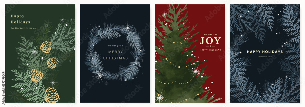 Christmas and Happy holiday greeting card vector set. Elegant wallpaper with pine leaves, pinecone, christmas tree, wreath. Holidays design illustration for cover, print, poster, Happy New Year, ads.
