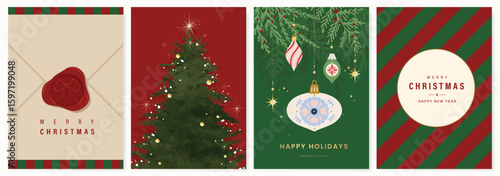 Christmas and Happy holiday greeting card vector set. Elegant wallpaper with pine leaves, bauble, christmas tree, envelope. Holidays design illustration for cover, print, poster, Happy New Year, ads.