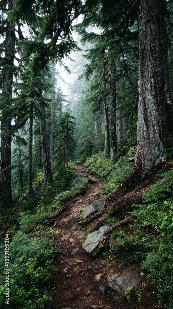 Fototapeta premium Misty forest path winding through trees