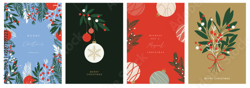 Christmas and Happy holiday greeting card vector set. Elegant wallpaper with pine leaves, bauble, holly berry. Holidays design illustration for cover, print, poster, Happy New Year, ads.
