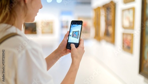 Woman photographs art in museum