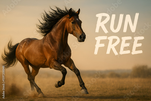 A majestic brown horse is running freely through a golden field during a warm sunset