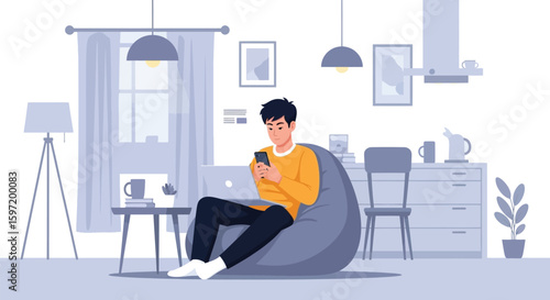 Man using phone at home in beanbag chair illustration vector graphic art