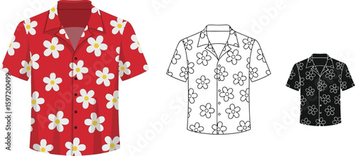 Hawaiian shirt vector illustration template red flower shirt outline black shirt summer apparel design