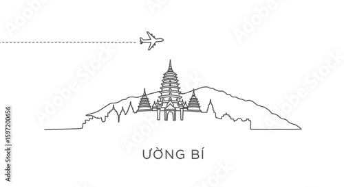 Uong Bi with Vietnam Skyline, and Plane Travel Icon.