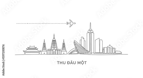 Thu Dau Mot city skyline with Vietnam, and vector.