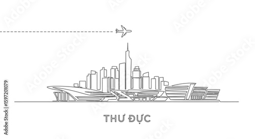 City skyline with airplane, minimal line art, and Thu Duc.