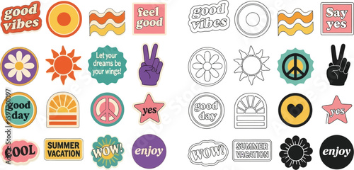 Retro groovy stickers vector pack good vibes summer vacation peace signs and positive message elements