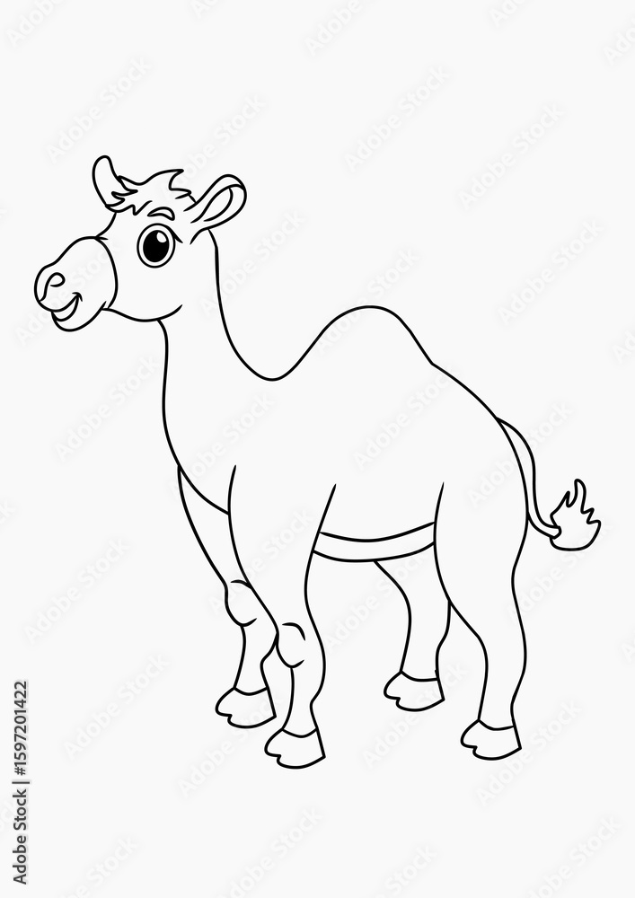 Fototapeta premium Black and White Line Drawing of a Standing Camel – Side View for Coloring Page
