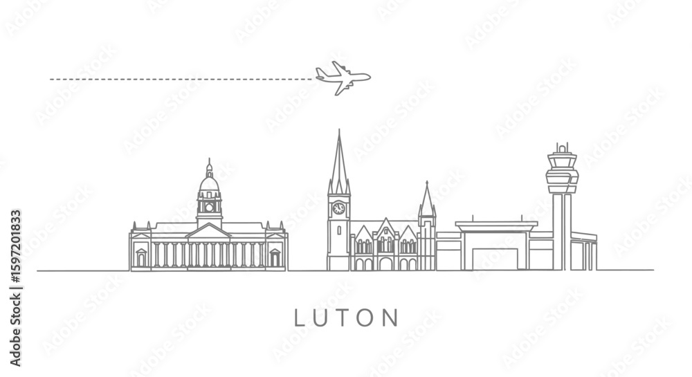 Fototapeta premium Luton Skyline Plane Minimalist Travel Icon Vector.