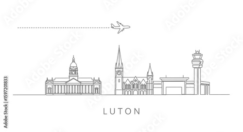 Luton Skyline Plane Minimalist Travel Icon Vector.
