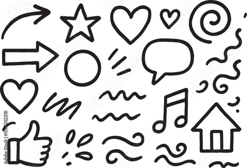 Hand drawn sketchy black and white icons and symbols