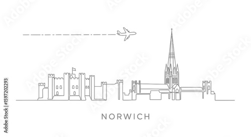 Norwich Skyline Minimal with Line Art, Travel, and Plane.
