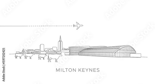 Milton Keynes Line Art Airport with Cows, and Plane.