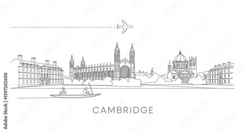 Fototapeta premium Cambridge skyline vector Plane with river, and punt.