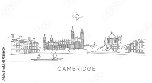 Cambridge skyline vector Plane with river, and punt.